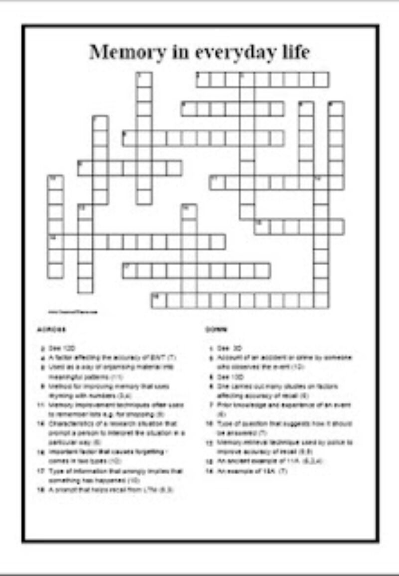 A Level Psychology Memory crossword Collins Freedom to Teach