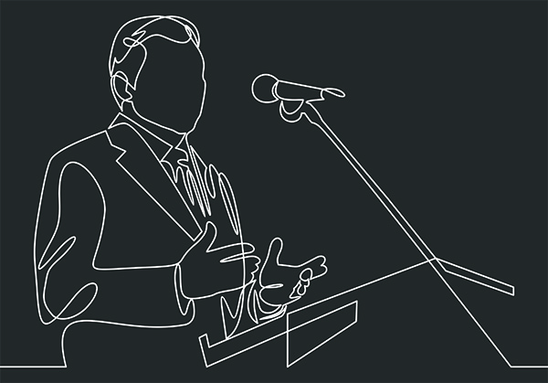 Line drawing of male presenting person giving a speech