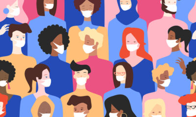 digital illustration of a crowd of people wearing face coverings