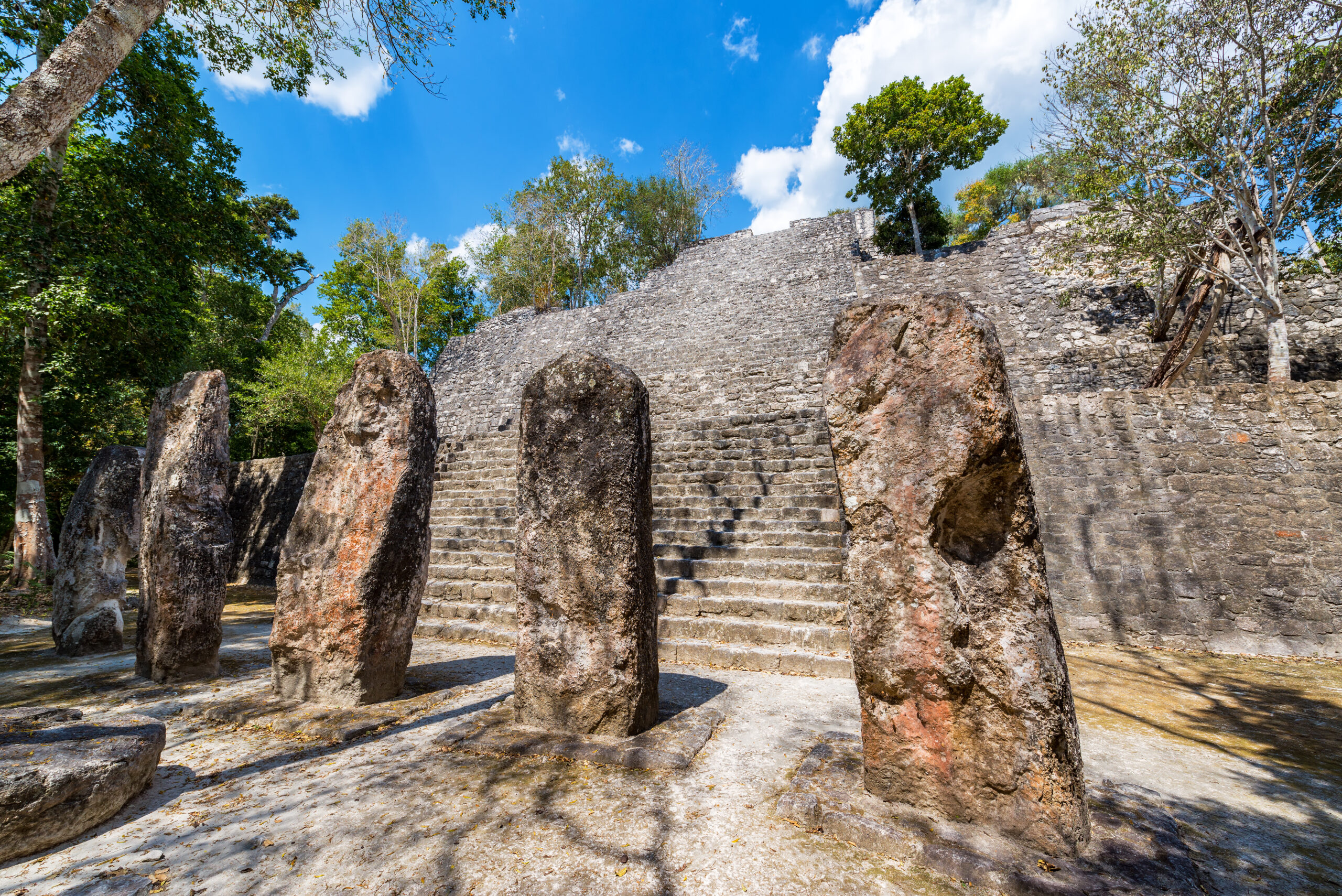 maya stelae at the Calakmul archeological site in Mexico