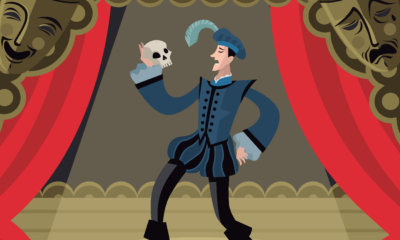 cartoon Hamlet on stage holding a skull