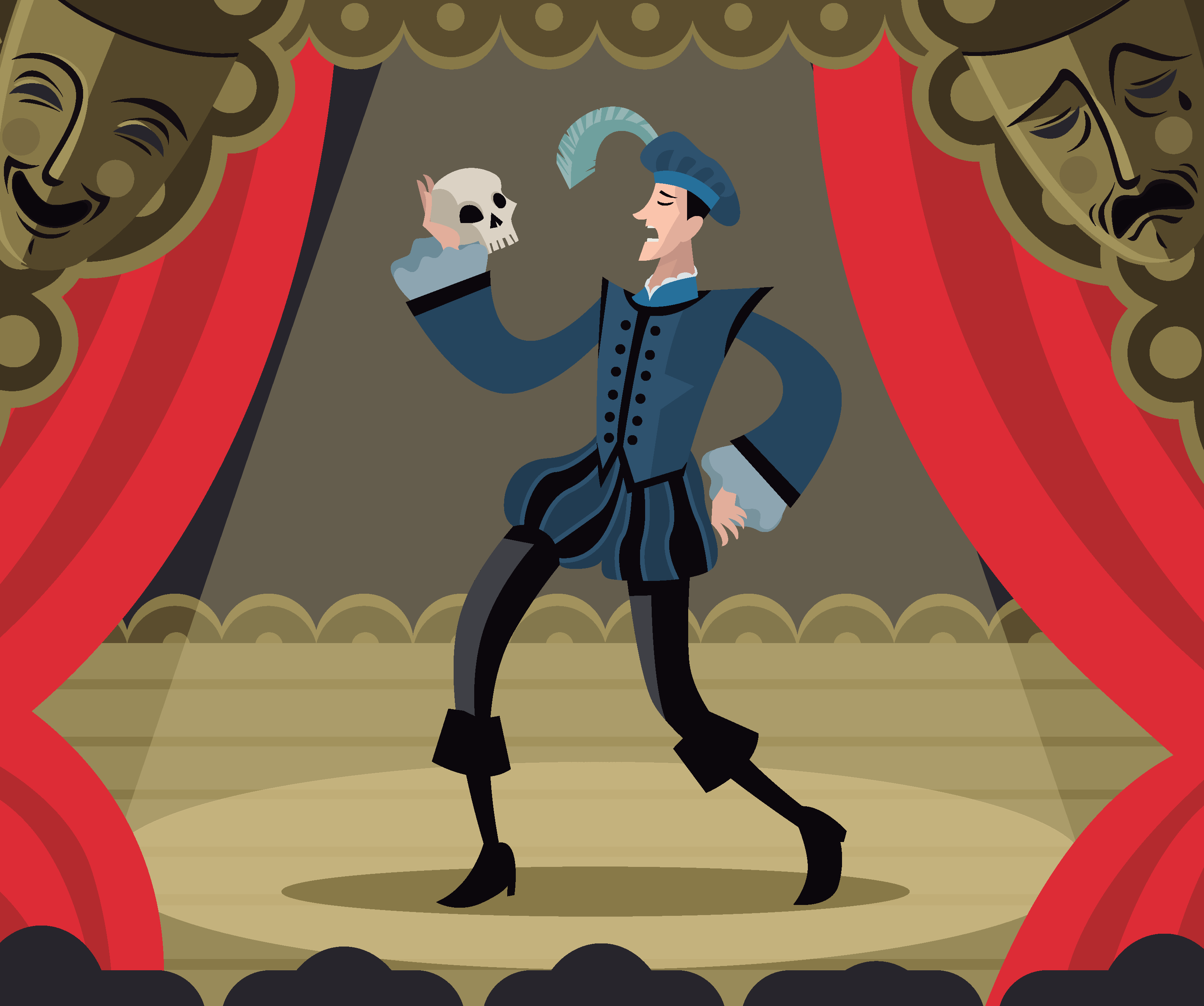 cartoon Hamlet on stage holding a skull